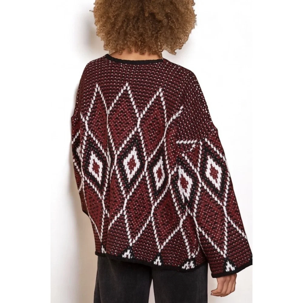 POL Burgundy Black Diamond Knit Cardigan | Chunky Southwestern Boho Sweater - Picture 7 of 9